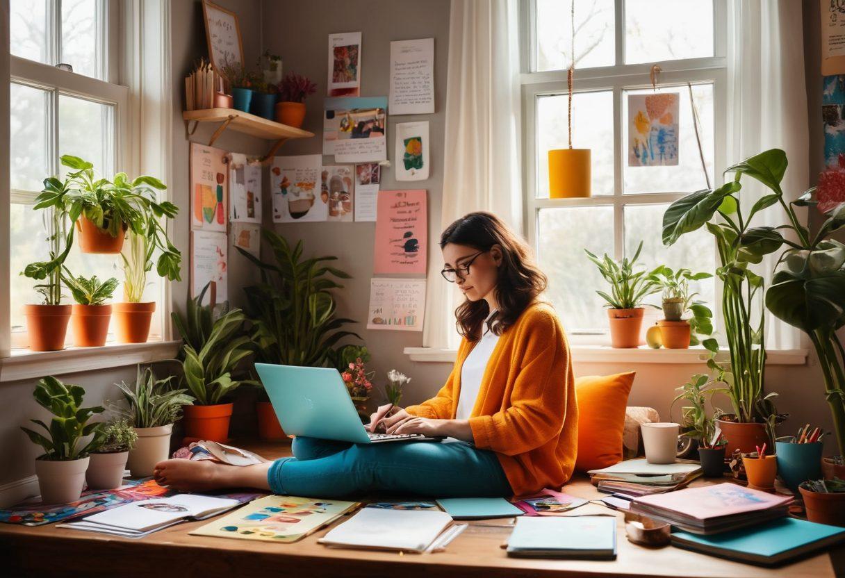 A vibrant scene of a person sitting at a cozy desk, surrounded by colorful notebooks and a laptop, passionately writing. The room is filled with inspiring posters and plants, with sunlight streaming through a window to symbolize creativity and authenticity. Add floating speech bubbles with creative ideas and personal quotes. Incorporate a dreamy, whimsical style to enhance the feeling of self-expression. vibrant colors. cozy atmosphere. whimsical style.