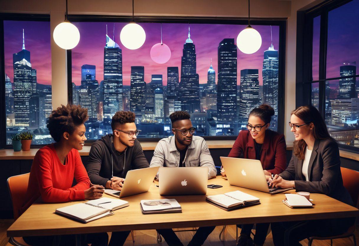 A dynamic scene depicting a diverse group of content creators brainstorming around a modern table filled with laptops, notebooks, and coffee cups. The background showcases a vibrant cityscape, symbolizing influence, while speech bubbles with storytelling icons (like a pen, camera, and social media symbols) float around them. Warm lighting enhances the creative atmosphere, representing the journey from blog to brand. 3D. vibrant colors. modern style.
