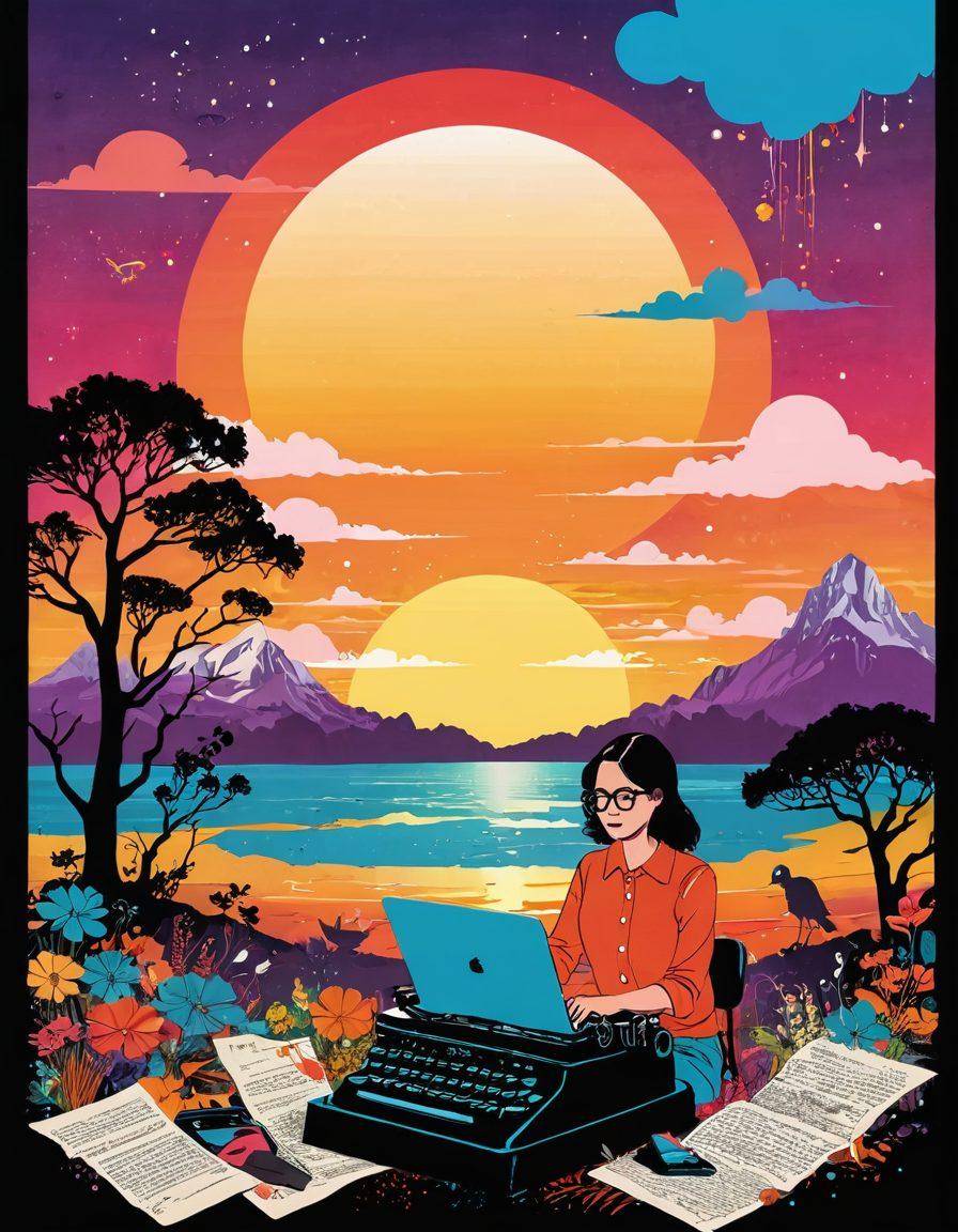 A visual narrative unfolds with a colorful digital collage, blending a vintage typewriter and a modern laptop, surrounded by whimsical illustrations of characters and landscapes coming to life. Incorporate elements like thought bubbles, ink splashes, and digital graphics floating around them in a dynamic composition. The background features a vibrant sunset symbolizing creativity and expression. This image should evoke inspiration and the essence of storytelling. vibrant colors. vector art.